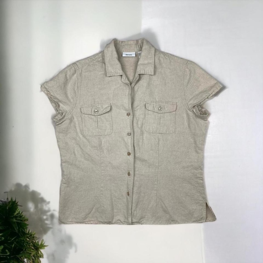 tan cottagecore button shirt Liz & Co size large linen cotton beachy coastal